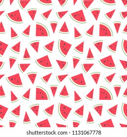 Vector illustration: seamless pattern with red flat cone watermelon pieces  with black seeds and green peel isolated on white background. For summer fabrics and wallpapers.