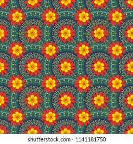 Vector illustration. Seamless pattern with a red, yellow and blue bright summer floral print, flowers, foliage.