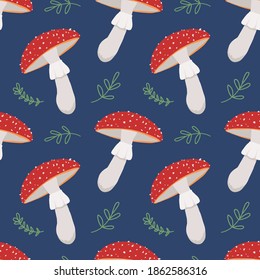 ilustración vectorial de hongos rojos sin costura amanita y hojas verdes, el tema del bosque y la naturaleza sobre un fondo azul. Imprimir plano para imprimir tela.