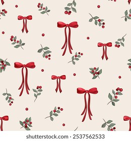 Vector illustration. Seamless pattern Red bows, Mistletoe berry leaves, Holly berry branches, Christmas holiday, Christmas bows, wrapping paper