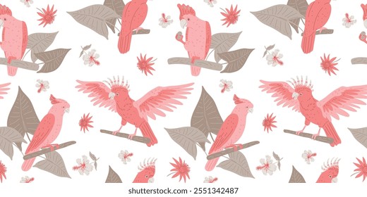 Vector illustration of seamless pattern with red cockatoo parrots with tropical leaves and flowers. Flat cartoon background for textiles, paper or wallpaper. Exotic bird.