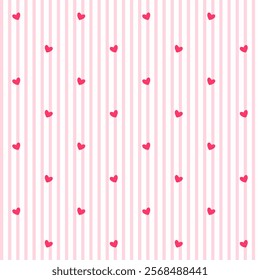 Vector illustration. Seamless pattern of red hearts on a background of light pink vertical stripes. Design for fabric, packaging, wrapping paper, Valentine's Day, pastel pink background with hearts