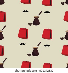 Vector illustration seamless pattern with red turkish hat, fez, mustache and coffee pot with beans isolated on white background. Oriental, traditional background