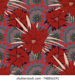 Vector illustration. Seamless pattern with a red, neutral and brown bright summer floral print, flowers, foliage.