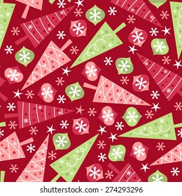 A vector illustration seamless pattern of a retro christmas theme. The red background is on a separate layer, so you can change the color easily.