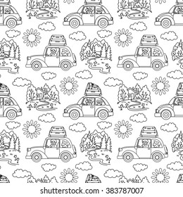 vector illustration, seamless pattern,  retro car, summer, tour, girl behind the wheel, the man behind the wheel, the dog, pet,  suitcases, sun, vacation, holiday, trip, forest, nature, outline