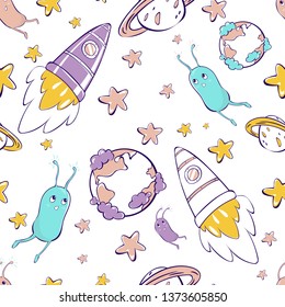 vector illustration. Seamless pattern. Rocket in space. Aliens