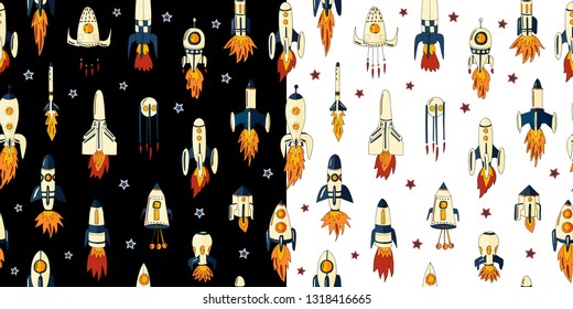 Vector illustration of a seamless pattern of rockets in space among the stars. Rockets in space with stars of different shapes and types on the background.