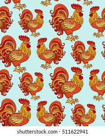 vector, illustration, seamless pattern, rooster, bird, feathers, hand drawing