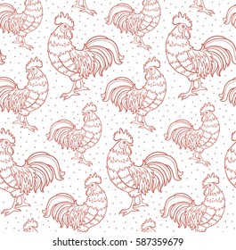 vector illustration, seamless pattern, rooster, bird, feathers, hand drawing