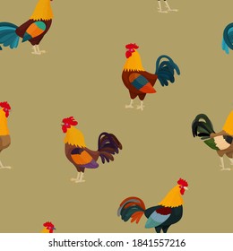 Ilustración vectorial de un patrón sin fisuras con gallos en estilo de dibujos animados sobre verde. Diseño de tela para bebés, papelería o papel de envoltura para Pascua
