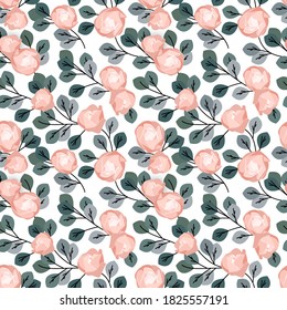 Vector illustration of a seamless pattern of roses with leaves. Natural background