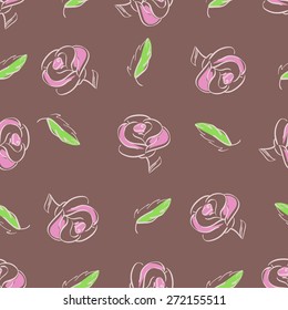 Vector illustration - seamless pattern with roses and leaves stlizovannymi in vintage style and muted pastel colors on the coffee background.
