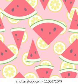 Vector illustration: seamless pattern with rosy lemonade - red cone flat watermelon pieces icons with black seeds?, green peel and lemon slices in retro style isolated on pink background