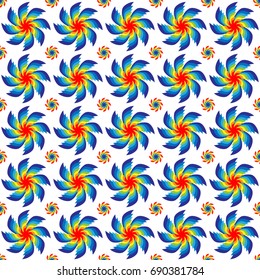Vector illustration seamless pattern of rotating bright colors of all colors of the rainbow arranged in rows on a white background.