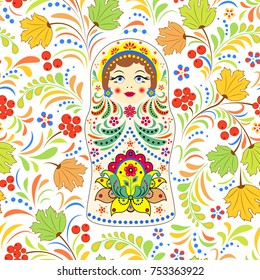 Vector illustration of seamless pattern with russian doll matryoshka and abstract flowers