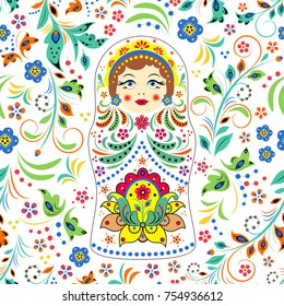 Vector illustration of seamless pattern with russian doll matryoshka and abstract flowers