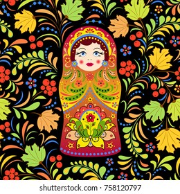 Vector illustration of seamless pattern with russian doll matryoshka and abstract flowers