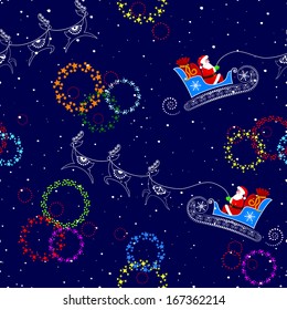 vector illustration  seamless pattern of Santa Claus, reindeer, fireworks on a dark blue background