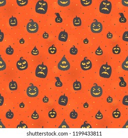 Vector illustration: seamless pattern: scary black carved pumpking icons on ginger background. Decorative element for Halloween party greeting cards, wallpapers, fabrics, wrapping paper, scrapbooking
