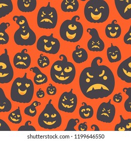 Vector illustration: seamless pattern: scary orange carved pumpking icons on black background. Decorative element for Halloween party greeting cards, wallpapers, fabrics, wrapping paper, scrapbooking
