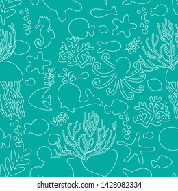 Vector illustration. Seamless pattern with sea animals. White line on blue. Octopus, fish, whale, seahorse, seashells, seaweed, starfish, turtle, jellyfish. For children textiles, home decor clothing.