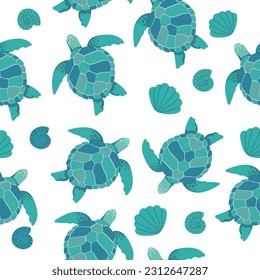 Vector illustration. Seamless pattern with sea turtles. Sea turtles in different shades of blue on white background. 