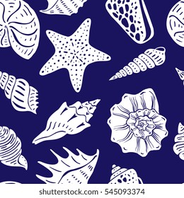 Vector illustration - seamless pattern with sea elements. Design with different sea shells and starfish for wrapping paper, cloth, textile, background. 