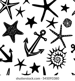 Vector illustration - seamless pattern with sea elements. Design with different sea shells and starfish for wrapping paper, cloth, textile, background. 