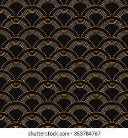 Vector illustration of seamless pattern with semicircles in art deco style. Golden glittering texture