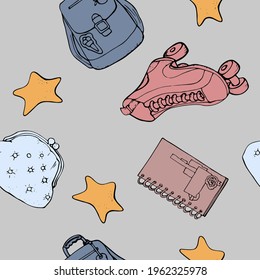vector illustration seamless pattern a set of items of a young girl ,roller skates,a backpack,a cosmetic bag,a notebook on a gray background with stars
