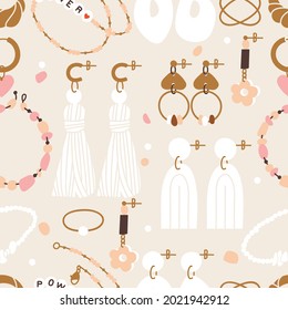 Vector illustration seamless pattern- set of jewelry items. Modern accessorizes - pearl necklace, beads, ring, earrings, bracelet, hair comb