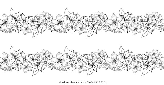 Vector illustration. Seamless pattern in the shape of a border. A line of stylized flowers and leaves in the style of hand-painted in black and white.