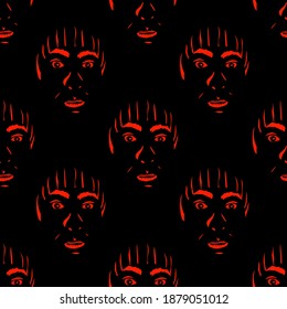 Vector illustration. Seamless pattern silhouette face on a black background. Design element for poster, banner, clothes.