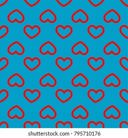 Vector illustration. Seamless pattern of silhouettes of hearts in red on a blue background. Suitable for the decoration and wrapping paper.