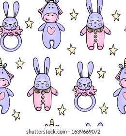 Vector illustration. Seamless pattern with simple silhouettes of toys and stars on a white background.  Drawing with a unicorn, bunnies with closed eyes, rattles in purple and pink colors.  