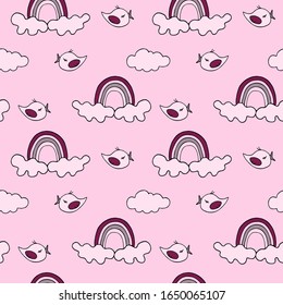 Vector illustration. Seamless pattern with simple silhouettes of clouds, birds, and rainbows in pink shades.  Doodle style, childish, cute. For children's textiles and decor.
