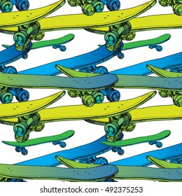 Vector illustration of seamless pattern Skateboards with helmet. Extreme Sport wrapping paper, wallpaper.