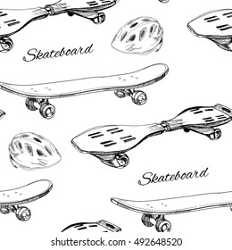 Vector illustration of seamless pattern Skateboards with helmet. Extreme Sport wrapping paper, wallpaper.