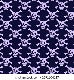 Vector illustration of a seamless pattern with a skull.Pink and purple color. Poster, for printing on textiles, for wall design. Hand-drawn style
