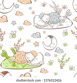 vector illustration. seamless pattern sleeping sheep. night sky