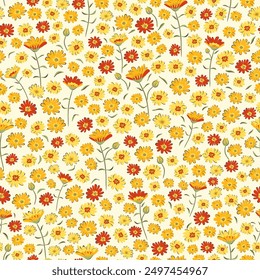 Vector illustration. Seamless pattern of small flowers on a beige background. Ditsy floral yellow orange pattern, field of flowers, print for fabric, textile, wallpaper, baby clothes, packaging