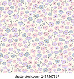 Vector illustration. Seamless pattern of small flowers on a beige background. Ditsy floral blue pink pattern, field of flowers, print for fabric, textile, wallpaper, baby clothes, packaging