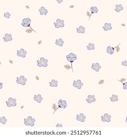 Ilustração vetorial. Padrão contínuo de pequenas flores azuis em um fundo bege. Ditsy floral azul padrão, campo de flores, impressão para tecido, têxtil, papel de parede, roupas de bebê, embalagem