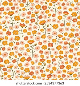 Vector illustration. Seamless pattern of small orange flowers on a beige background. Ditsy floral yellow orange pattern, field of flowers, fabric design, wallpaper, baby clothes, wrapping paper