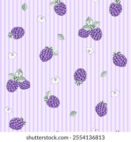 Vector illustration. Seamless pattern of small blackberry berries on a light purple striped background. Children's purple blackberry pattern, blackberry harvest, children's print, designer fabric