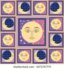 vector illustration - seamless pattern with smiling moon and sleepy crescent on yellow background