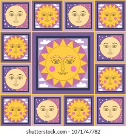 vector illustration - seamless pattern with smiling sun and moon on yellow background