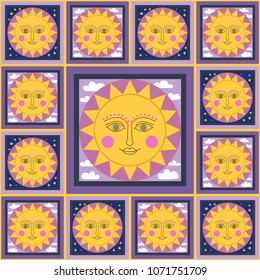 vector illustration - seamless pattern with smiling sun on yellow background