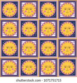 vector illustration - seamless pattern with smiling sun on yellow background